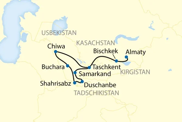 Streckenkarte der Sonderzugreise Registan von Almaty nach Taschkent